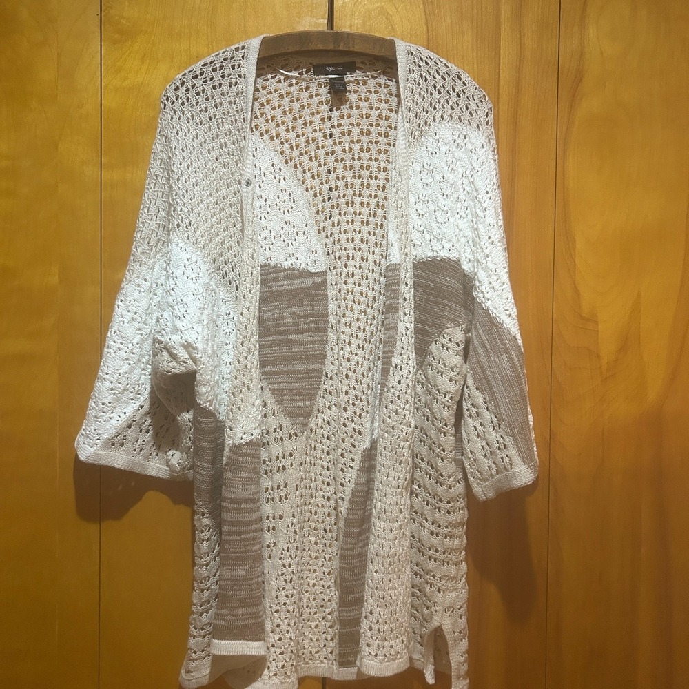 Style & Co Cardigan Size Large Long Crochet Open Knit Patchwork Boho Cottagecore